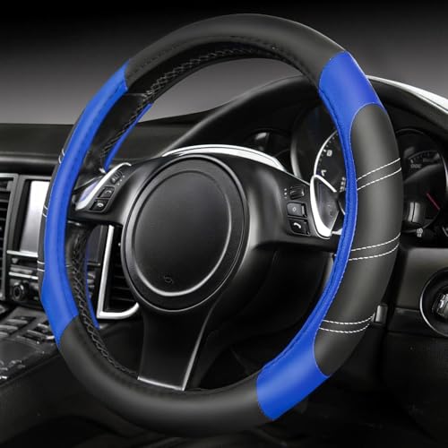 Line Rider Microfiber Leather Sporty Steering Wheel Cover Universal Fits for 95% Truck (Black＆Blue / Standard[14.5"-15"])