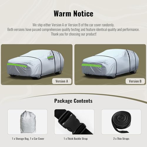 6 Layers Full Car Cover Universal Premium Shell Zipper Design Waterproof All Weather Weatherproof UV Sun Protection Snow Dust Storm Resistant Outdoor with Straps (Green reflective strip / Sedan-XL ( Fit for Sedan 197"- 208" ))