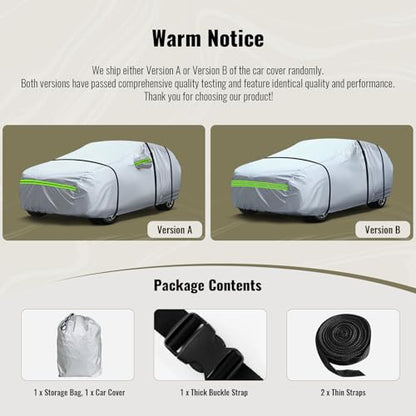 6 Layers Full Car Cover Universal Premium Shell Zipper Design Waterproof All Weather Weatherproof UV Sun Protection Snow Dust Storm Resistant Outdoor with Straps (Green reflective strip / Sedan-XL ( Fit for Sedan 197"- 208" ))