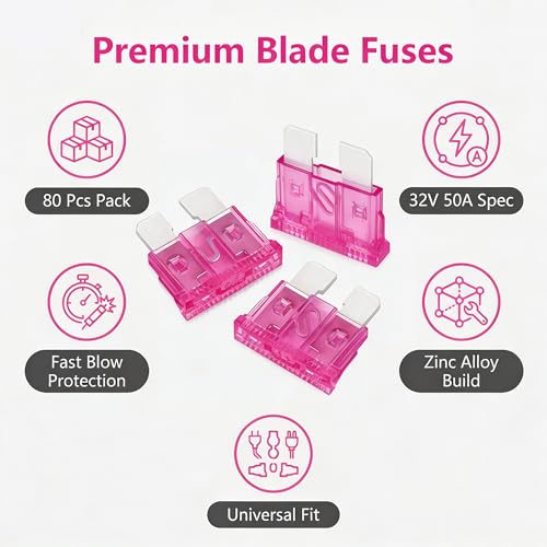 80Pcs) 50 Amp Standard Fuse, 50A Car Blade Fuses for Car/RV/Truck/SUV/Motorcycle/Boat (50A)