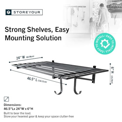 Garage Wall Shelf (Black / 2x4ft 2-Pack Shelf | 200lb Each | 6 Hooks)