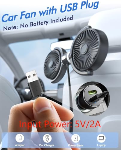 Car Fan USB Powered for Baby Backseat with 3 Speed Separately Controlled (Black+Gray)