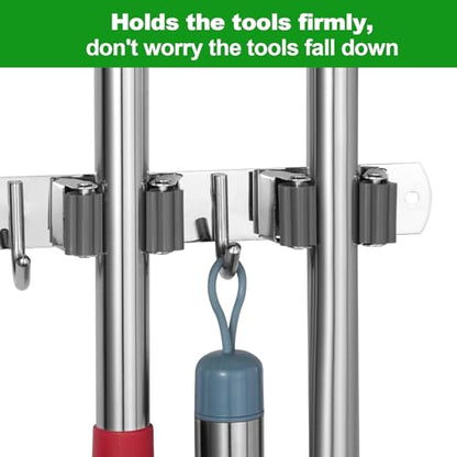 3 Racks and 4 Hooks Mop and Broom Holder Wall Mount (3 Racks 4 Hooks / Silver)