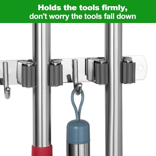 2 Pack] 5 Racks and 4 Hooks Mop and Broom Holder Wall Mount (5 Racks 4 Hooks 2 Packs / Silver)