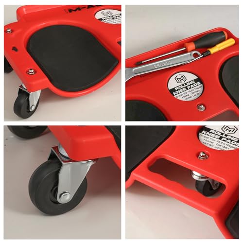 Rolling Knee Creeper Durable Knee Pads with Full 360 Degree Turn Casters and Tool Tray (Red)