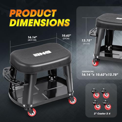 TOOLS 00252 Removable Rolling Garage Stool with Seat Cushion & Tool Tray Plate (Black)