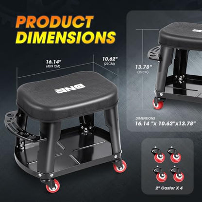 TOOLS 00252 Removable Rolling Garage Stool with Seat Cushion & Tool Tray Plate (Black)