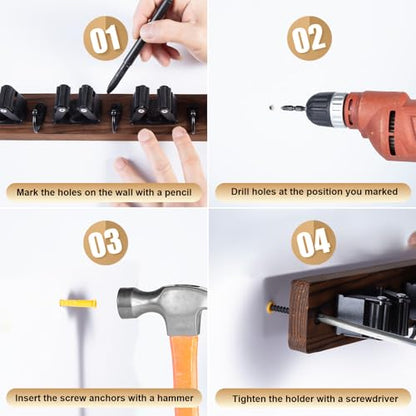 Broom Holder Wall Mount With 5 Slots & 4 Hooks (Black)