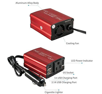 150W Car Power Inverter 12V DC to 110V AC Converter Vehicle Adapter Plug Outlet with 3.1A Dual USB Car Charger for Laptop Computer (Classic Red)