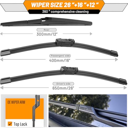 Windshield Wiper Blade Replacement for Lexus NX200t NX300 NX300h (26+16"+12")