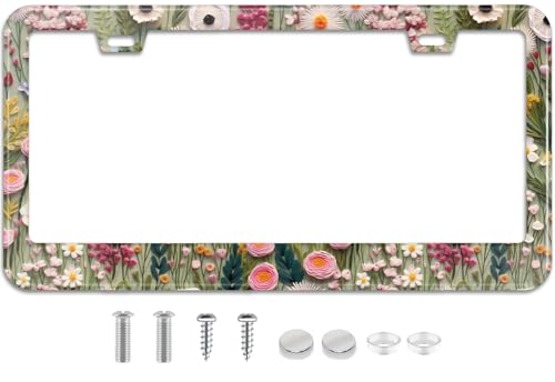3D License Plate Frame Embroidered Floral Pattern Stainless Steel License Plate Frames Holder Covers Rust (Embroidery Floarl)