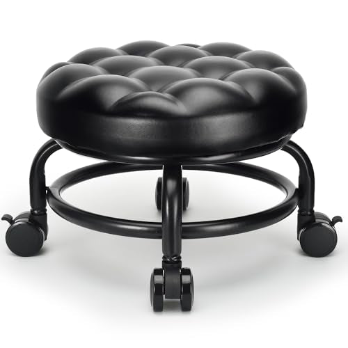 Low Height Rolling Stool Roller Stool PU Leather Comfortable Seat 360°Swivel Rotating (Style 1)