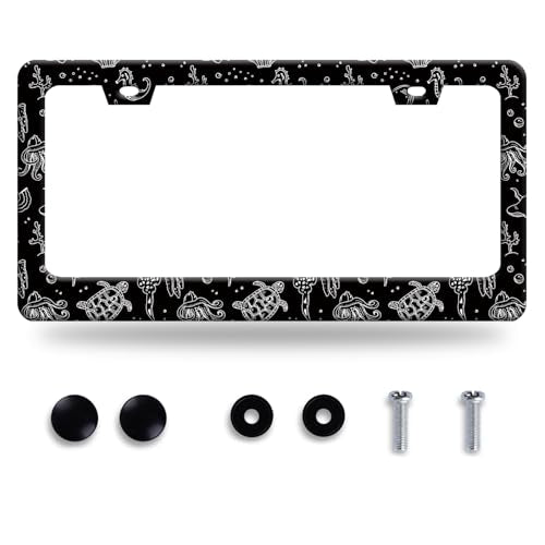 Turtles Print License Plate Frame Stainless Steel Car Accessory 6.3x12.3In (Black White Ocean Animal Turtles)