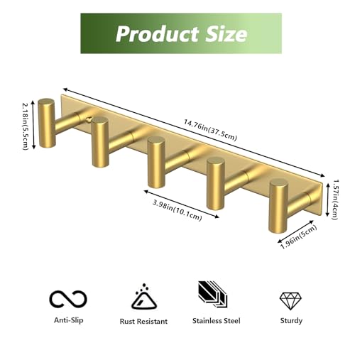 Wall Mounted Coat Rack ("T" Shape 5 Hooks - 1 Pack / Gold)