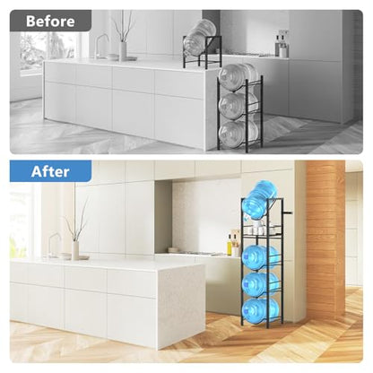 2-In-1 5 Gallon Water Jug Holder, 5 Tier Water Jug Stand Holder with 1 Dispenser Valves, 5 Gal Water Bottle Storage Rack Organizer for Kitchen, Office, Garage (11.02 inches x 11.02 inches x 55.51 inches)