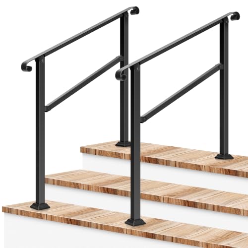2-Pack 3-Step Stair Handrail 40"x36" Wrought Iron with Curved Ends (Black / 3 Steps)