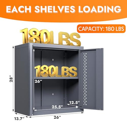 Metal Wall Storage Cabinet Steel Wall Mounted Garage Storage Cabinet with Adjustable Shelf and Doors for Basement Utility Room Warehouse Kitchen (H28")