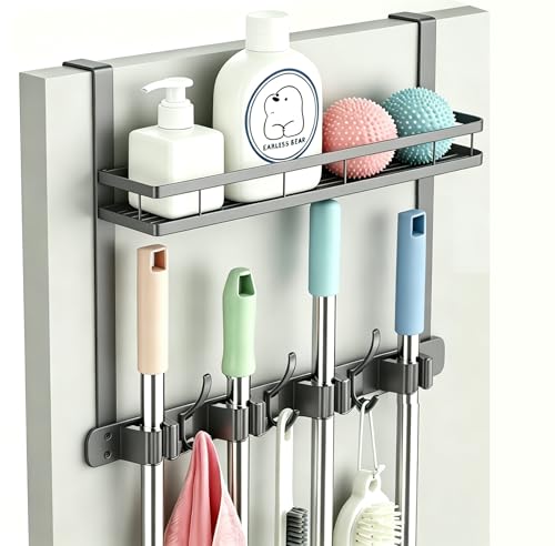 Over the Door Heavy Duty Metal Broom & Mop Holder (grey)