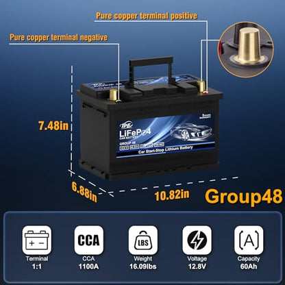 Car Start Stop Lithium Battery GROUP 48 12V 60AH Car Battery with 1100CCA (Group 48)