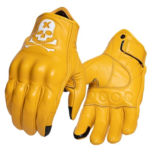 Goatskin Leather Motorcycle Motorbike Powersports Racing Gloves Reflective Skull Touchscreen for Men and Women Model (HEE6 / Medium)
