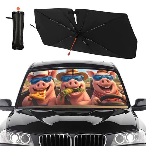 Funny Pig Car Windshield Sun Shade Umbrella Bendable Handle Foldable Animal Sunshade for Car Windshield Block UV Rays Keep Vehicle Cool for Most Sedans SUV Trucks Cars 57"x30" (147*75cm,33*11cm / Funny Pig)