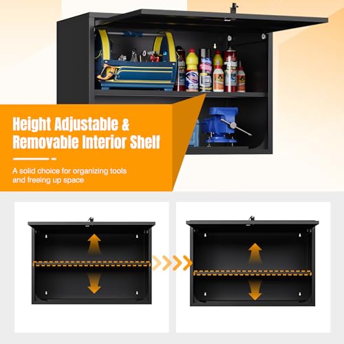 Metal Wall Storage Cabinet Adjustable Shelf 22'' Tall Steel Garage Wall Mounted Cabinet Lockable Floating Garage Storage Shop Trailer Tool Assembly Required (Black / 22" Tall)