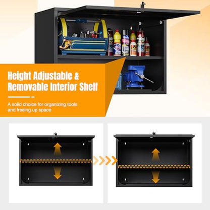 Metal Wall Storage Cabinet Adjustable Shelf 22'' Tall Steel Garage Wall Mounted Cabinet Lockable Floating Garage Storage Shop Trailer Tool Assembly Required (Black / 22" Tall)