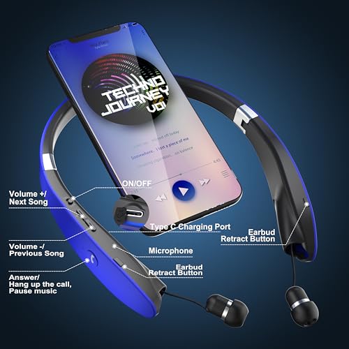 Foldable Bluetooth Headphones Wireless Neckband Headset with Retractable Earbuds (Blue)