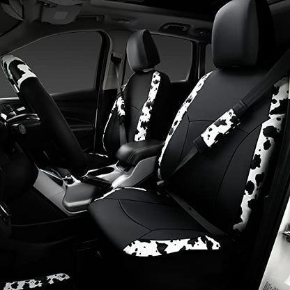 CAR PASS Cow Print Car Accessories Sets Faux Leather Car Seat Covers & Cow Car Mats & Cow Steering Wheel Cover Seat Belt Pads Universal fit for SUV (Cow Print Combo)