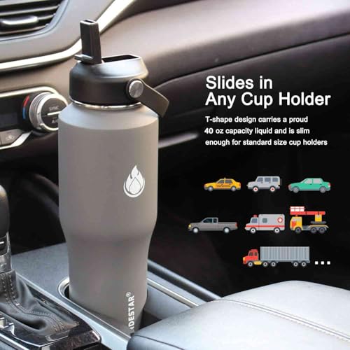 40oz Water Bottle Wide Mouth Stainless Steel Vacuum Insulated Double Wall with 2 Straw Lids Fit in Any Car Cup Holder (Dark Gray / 40 Ounces)