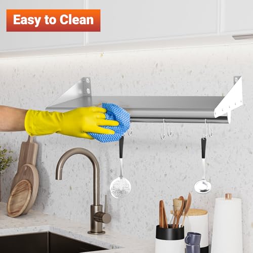12" x 24" Stainless Steel Wall Mounted Shelf with 4 Hooks (12" x 24" / 1 Piece)