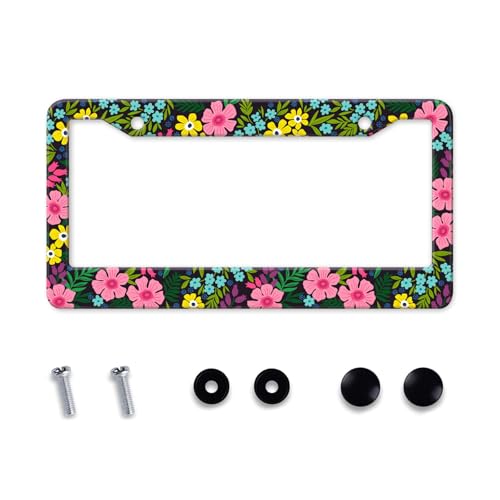 Pink Wildflowers License Plate Frame for Women Cute Colorful Flowers License Plate Holder Frame Girly Floral Car tag Frame Metal Aluminum Rustproof Decorative Car Accesories with Screws (Pink flowers)