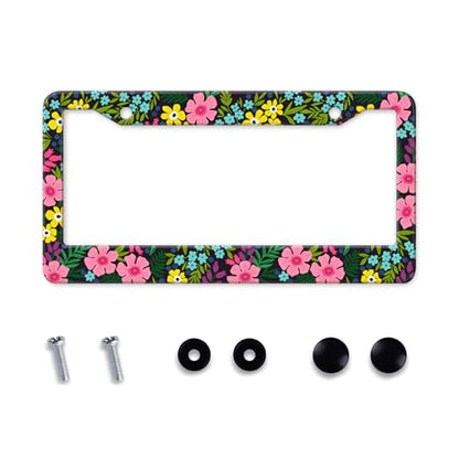 Pink Wildflowers License Plate Frame for Women Cute Colorful Flowers License Plate Holder Frame Girly Floral Car tag Frame Metal Aluminum Rustproof Decorative Car Accesories with Screws (Pink flowers)
