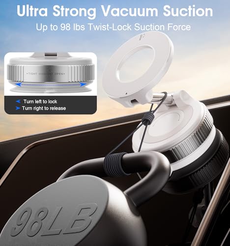 Strong Magnetic Car Phone Holder for MagSafe Ultra Vacuum Suction Cup Phone Mount 360° Cell Phone Holders for Your Car Accessories for iPhone 16 15 14 13 12 Android (White)