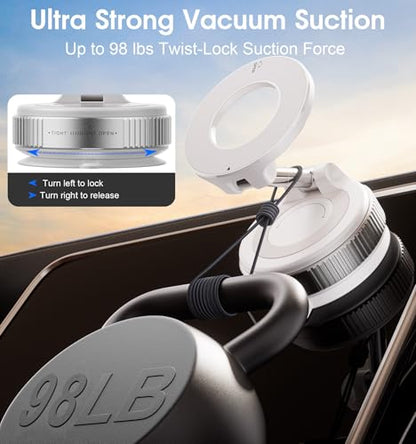 Strong Magnetic Car Phone Holder for MagSafe Ultra Vacuum Suction Cup Phone Mount 360° Cell Phone Holders for Your Car Accessories for iPhone 16 15 14 13 12 Android (White)