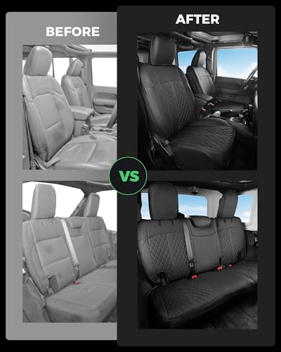 for Jeep Wrangler Leather Custom Car Seat Covers Full Set 4 Door (Black / JL 18-26 4Door Without Rear Cup Holder)