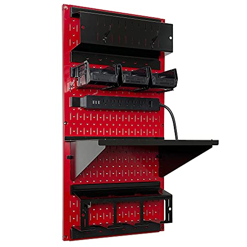 Power Tool Storage Organizer Kit Cordless Drill Holder Charging Station Rack 16” x 32” Metal Pegboard Organization System (Red Pegboard)