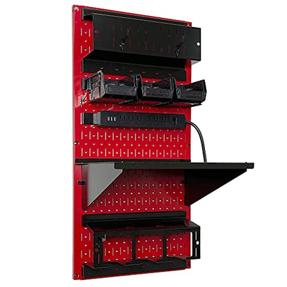 Power Tool Storage Organizer Kit Cordless Drill Holder Charging Station Rack 16” x 32” Metal Pegboard Organization System (Red Pegboard)