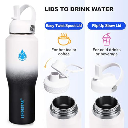 32oz Water Bottle Wide Mouth Stainless Steel Vacuum Insulated Double Wall with 2 Straw Lids Fit in Any Car Cup Holder (Day&Night / 32 Ounces)