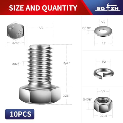 1/2-13 x 3/4" Hex Head Screw Bolt, Nuts, Flat & Lock Washers, 10Pcs 18-8 (304) Stainless Steel, Fully Threaded, by SG TZH (1/2-13 x 3/4" / Silver)