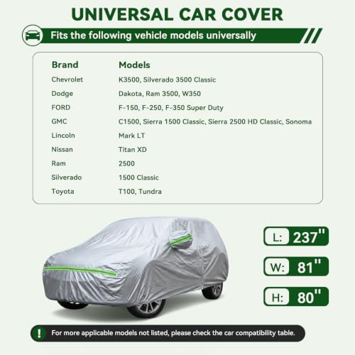 6 Layers Premium Truck Car Cover Waterproof All Weather Weatherproof UV Sun Protection Snow Dust Storm Resistant Outdoor Exterior Custom Form (Silver Car Cover / K14 - TRUCK -（Fits size 213"-237"）)