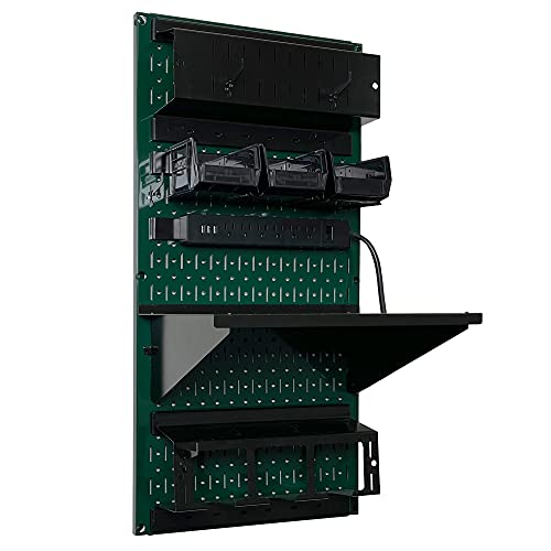 Power Tool Storage Organizer Kit Cordless Drill Holder Charging Station Rack 16” x 32” Metal Pegboard Organization System (Green Pegboard)
