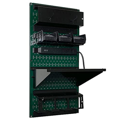 Power Tool Storage Organizer Kit Cordless Drill Holder Charging Station Rack 16” x 32” Metal Pegboard Organization System (Green Pegboard)