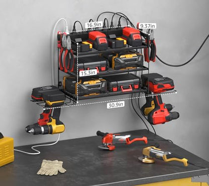 Garage Tools Storage with Charging Station. Power Tool Battery Organizer Utility Shelf with Power Strip. 4 Drills Holder Wall Mount Rack (Small / 3 Layer)