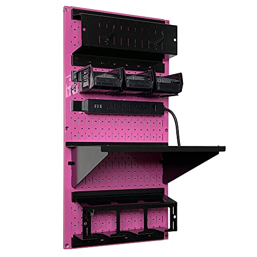 Power Tool Storage Organizer Kit Cordless Drill Holder Charging Station Rack 16” x 32” Metal Pegboard Organization System (Pink Pegboard)
