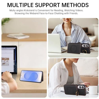 Compatible with Samsung Galaxy S25 Edge Wallet Case Screen Protector Crossbody Shoulder Strap Ring Buckle Stand Card Holder Magnetic Car Mount Phone Cover for S25Edge 25S S 25 25Edge Women Men Black (Black / for S25 edge)