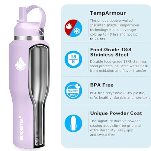 40oz Water Bottle Wide Mouth Stainless Steel Vacuum Insulated Double Wall with 2 Straw Lids Fit in Any Car Cup Holder (Lilac / 40 Ounces)