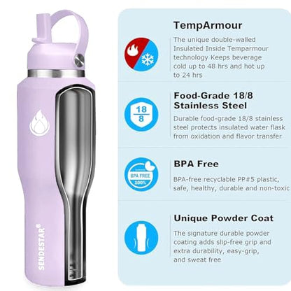 40oz Water Bottle Wide Mouth Stainless Steel Vacuum Insulated Double Wall with 2 Straw Lids Fit in Any Car Cup Holder (Lilac / 40 Ounces)