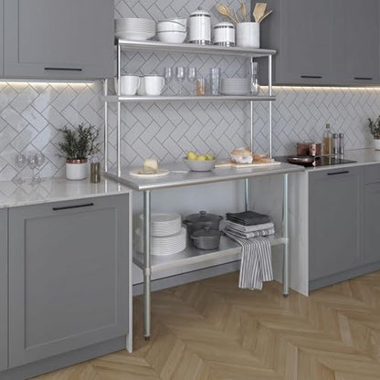 Stainless Steel Work Table Wide Double Tier Overshelf (24" x 48" Work Table + 12" Overshelf)
