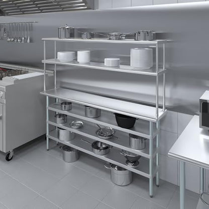 14" x 72" Stainless Steel Work Table with 3 Shelves and 12" Wide Double Tier Overshelf (14" x 72" Table with 3 Shelves + 12" Overshelf)